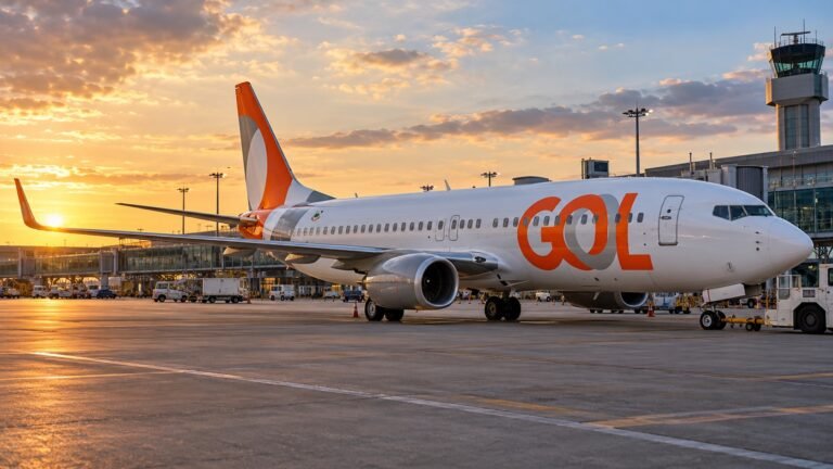Avião da GOL com fuselagem branca e marca laranja estacionado em aeroporto ao pôr do sol; ilustração gerada por inteligência artificial.