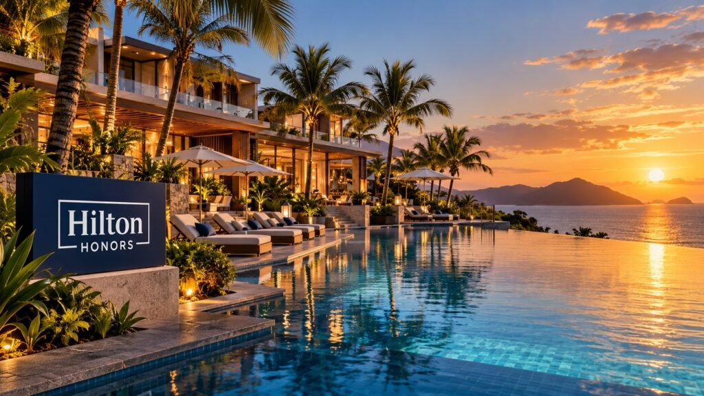 Ilustração de resort tropical com piscina ao pôr do sol e identificação Hilton Honors.