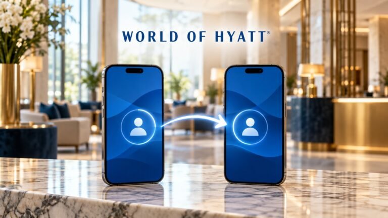 Ilustração por IA de transferência digital de pontos World of Hyatt entre duas contas.