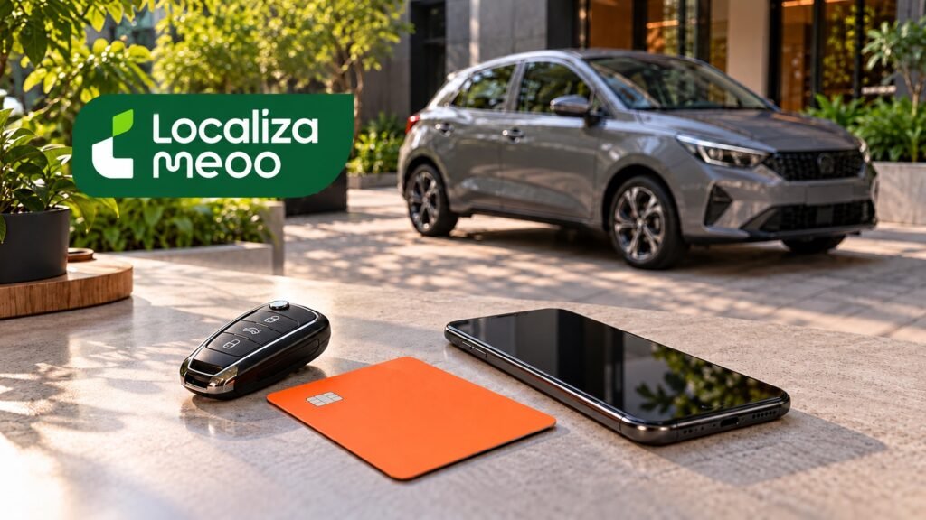 Composição ilustrativa editada com IA, com logotipo Localiza Meoo, carro, chave, cartão laranja e celular.