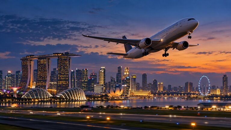 Ilustração conceitual por IA de avião comercial sobre a paisagem de Singapura ao entardecer.