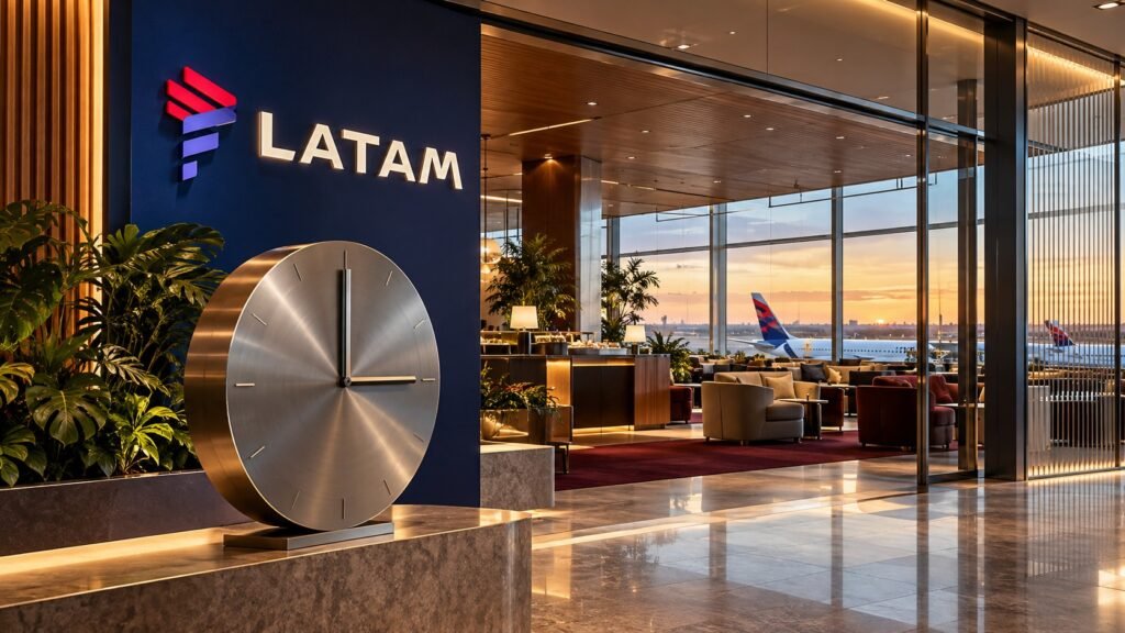 Ilustração conceitual por IA de lounge LATAM e relógio marcando três horas.