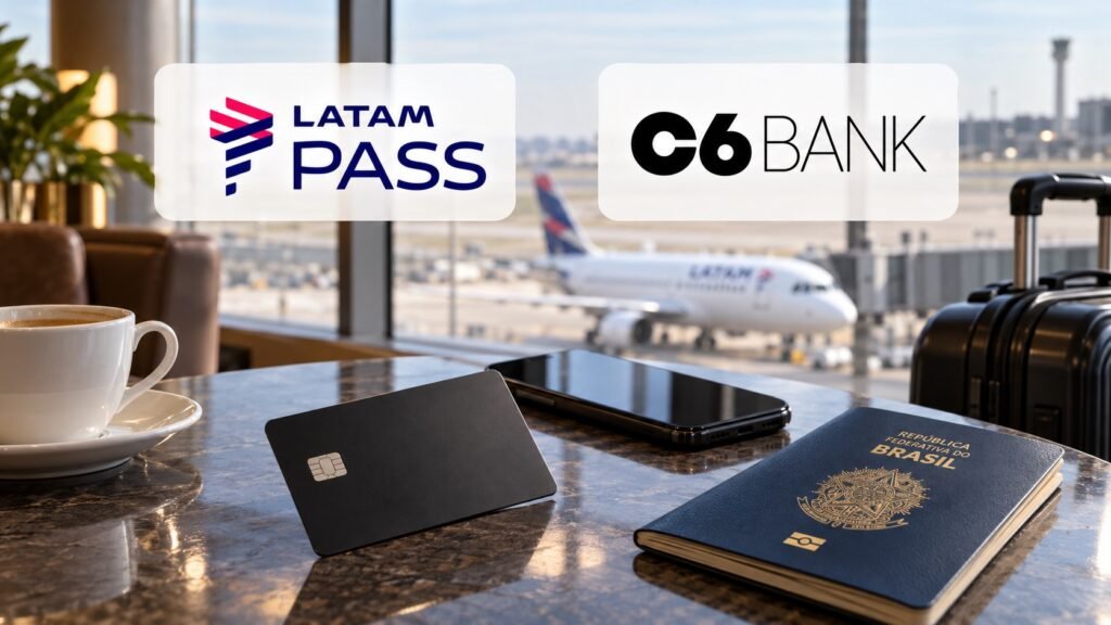 Ilustração por IA com as marcas LATAM Pass e C6 Bank, cartão preto, celular, passaporte e avião ao fundo.