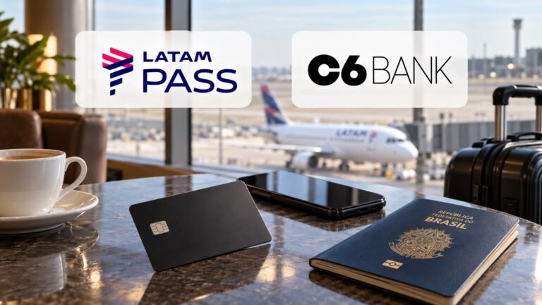 Ilustração por IA com as marcas LATAM Pass e C6 Bank, cartão preto, celular, passaporte e avião ao fundo.
