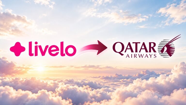 Logo Livelo à esquerda e Qatar Airways à direita, com seta indicando a transferência de pontos.