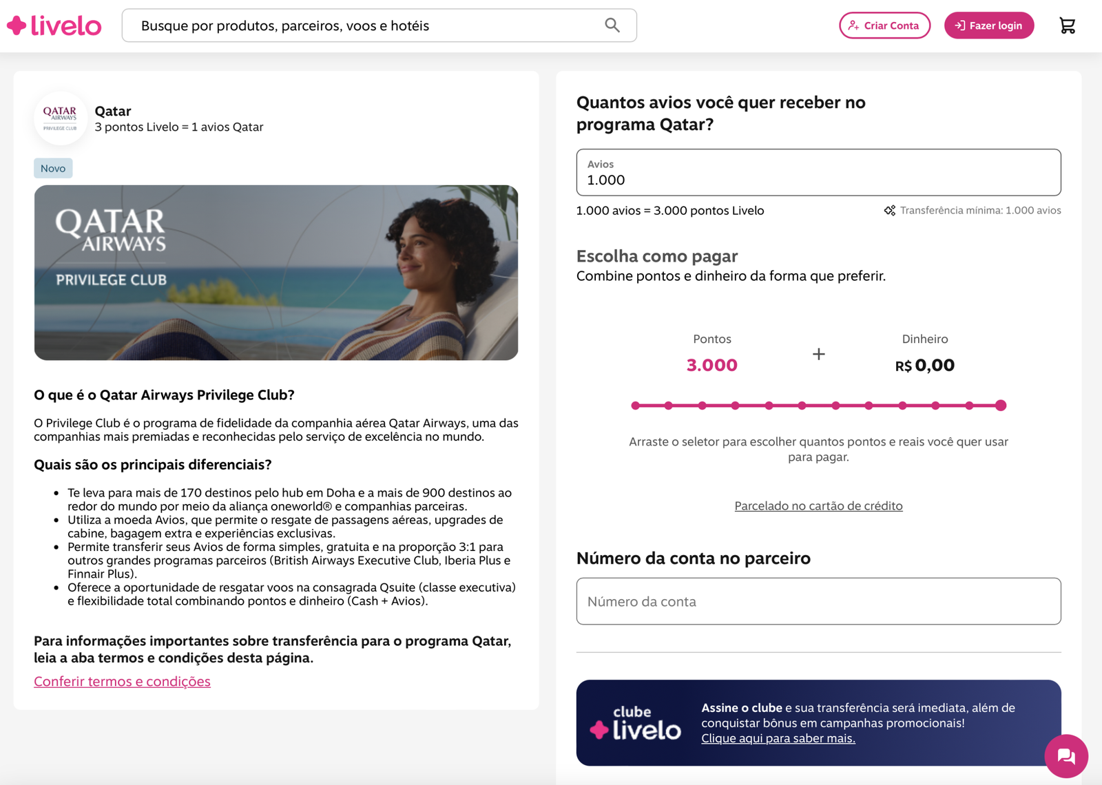 Tela da Livelo para transferência à Qatar mostrando a conversão de 3.000 pontos Livelo em 1.000 Avios e a opção de combinar pontos e dinheiro.