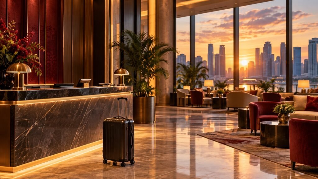 Ilustração por IA de recepção de hotel fictício, com mala de viagem e vista para a cidade ao pôr do sol.