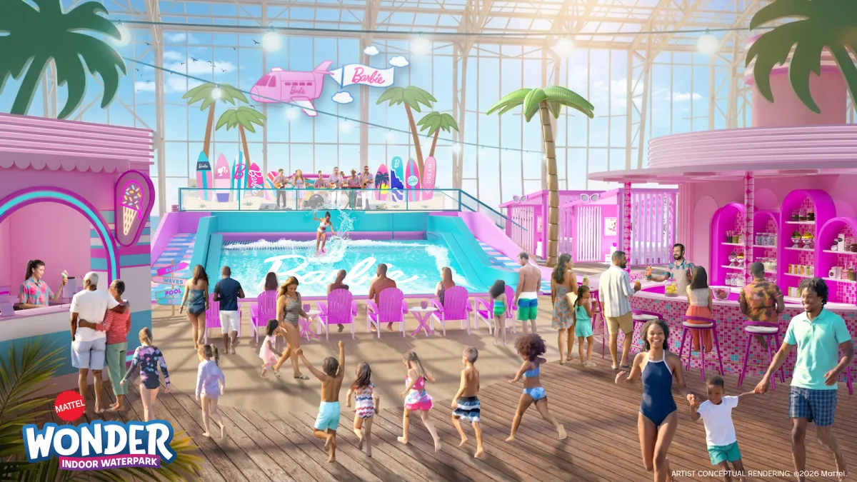 Arte conceitual da área Barbie com simulador de surfe no Mattel Wonder Indoor Waterpark.