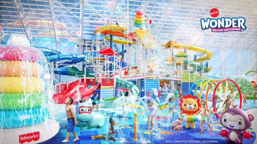 Arte conceitual da área infantil Fisher-Price do Mattel Wonder Indoor Waterpark.