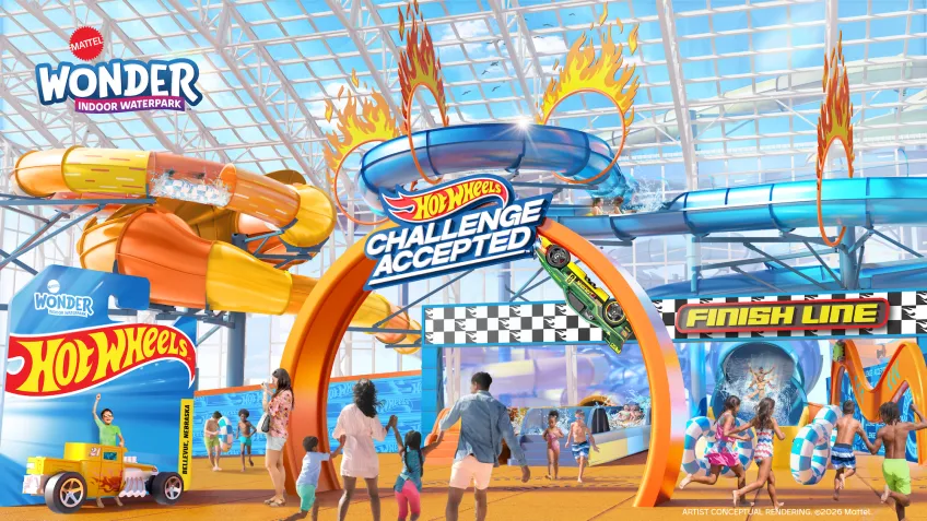 Arte conceitual dos toboáguas Hot Wheels Challenge Accepted no Mattel Wonder Indoor Waterpark.