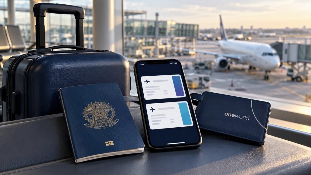 Celular com dois cartões de embarque ilustrativos, passaporte e mala em aeroporto; imagem conceitual gerada por inteligência artificial.
