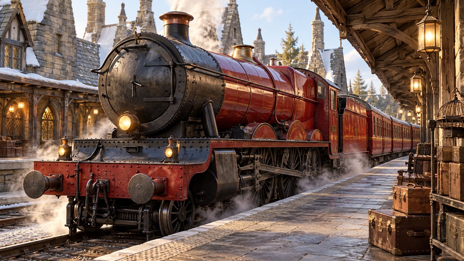 Ilustração por IA de uma locomotiva vermelha em uma estação de fantasia inspirada no universo de Harry Potter.
