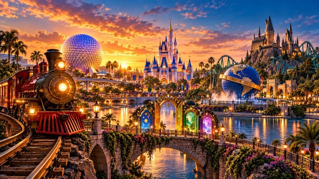 Montagem ilustrativa por IA com trem vermelho e marcos dos parques de Orlando ao fundo, incluindo castelos, esfera do EPCOT e globo Universal.