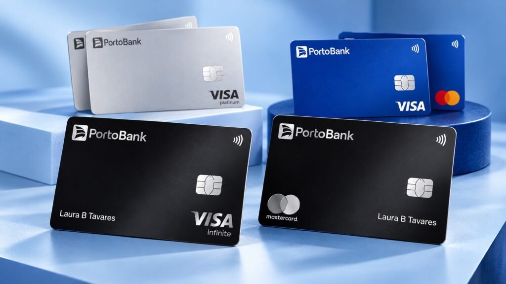 Composição ilustrativa por IA dos cartões Porto Bank Visa Infinite, Mastercard Black, Platinum e Gold.