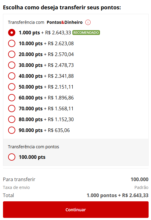 Simulação Esfera de transferência de 100.000 pontos para Smiles, com opção de 1.000 pontos mais R$ 2.643,33 e outras combinações de pontos e dinheiro.