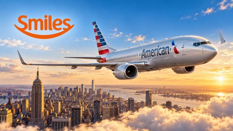 Ilustração de um avião da American Airlines sobre Nova York ao pôr do sol, com a marca Smiles.