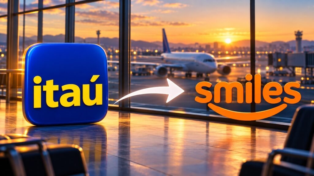 Ilustração por IA das marcas Itaú e Smiles ligadas por uma seta em um aeroporto.