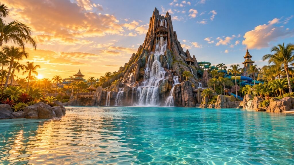 Ilustração por IA inspirada no Volcano Bay, com vulcão, cascatas e piscina em Orlando.