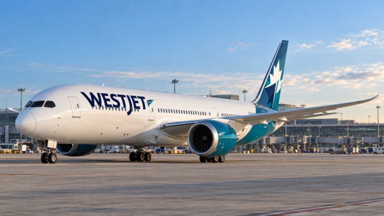 Ilustração gerada por IA de um Boeing 787 com a marca WestJet em um pátio de aeroporto.