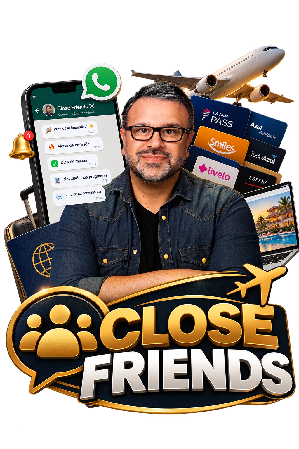 Fernando Rezende com o grupo Close Friends no celular, cartões de programas de fidelidade e logo Close Friends