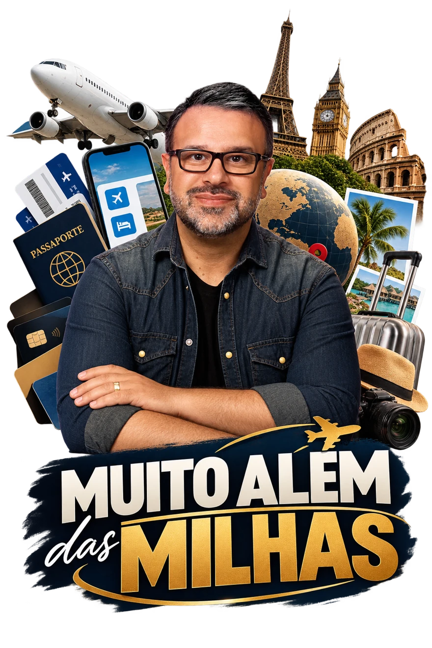 Fernando Rezende com passaporte, cartões, mala e pontos turísticos da Europa — logo Muito Além das Milhas